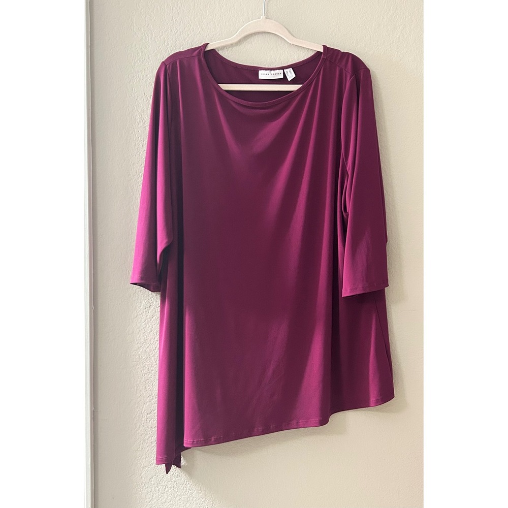 Susan Graver Liquid Knit Asymmetrical Tunic Top Berry Magenta 3/4 Sleeve 2X